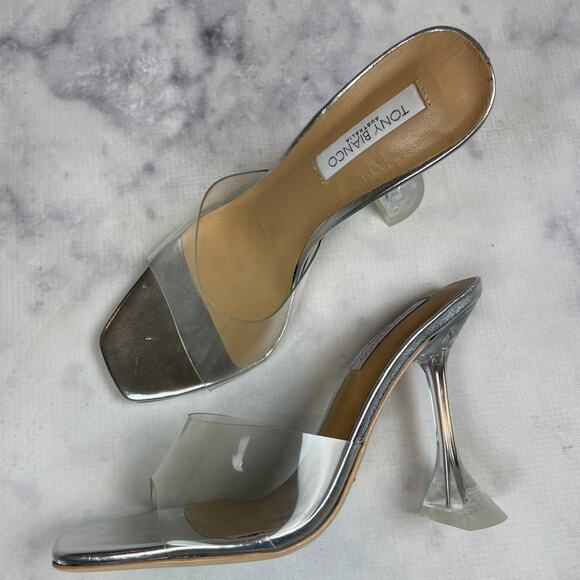 Tony Bianco Serri Clear Vinyl + Metallic Silver Hourglass Heel Mule Sandals Sz 7 - Picture 11 of 12